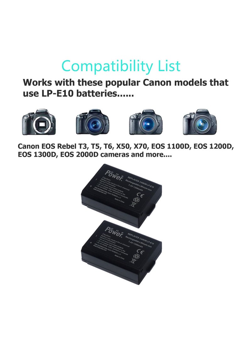 DMK Power - LP-E10 1350mAh 2Pack Batteries Compatible With Canon EOS Rebel T3 T5 T6 T7 K' X70 T100 EOS 1100D EOS 1200D EOS 1300D EOS 1500D EOS 2000D EOS 3000D EOS 4000D Digital Cameras - Image 1