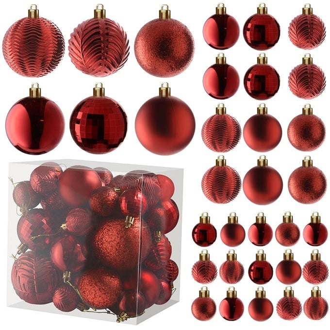 36PC SHATTERPROOF CHRISTMAS BALL ORNAMENTS SET FESTIVE CHRISTMAS BALLS DIFFERENT SIZES RED 6 STYLES IN 3 SIZES WITH HANGING LOOPS FOR TREE WREATH PARTY DECOR