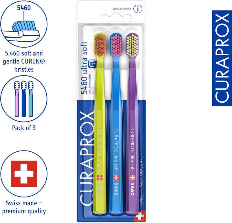 CURAPROX CS 5460 Toothbrush Set - 3 Pack Adult 5460 Ultra Soft Manual Toothbrush with CUREN Super Soft Bristles - Green, Blue, Purple - Image 1