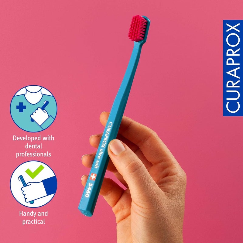 CURAPROX CS 5460 Toothbrush Set - 3 Pack Adult 5460 Ultra Soft Manual Toothbrush with CUREN Super Soft Bristles - Green, Blue, Purple - Image 3