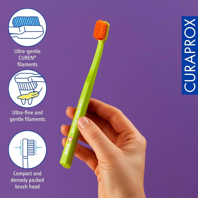 CURAPROX CS 5460 Toothbrush Set - 3 Pack Adult 5460 Ultra Soft Manual Toothbrush with CUREN Super Soft Bristles - Green, Blue, Purple - Image 2