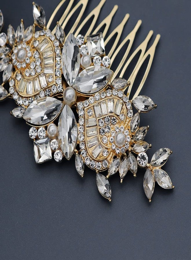 Xerling Gold Rhinestone Bridal Hair Comb Pearl Hair Accessory for Women - Image 3