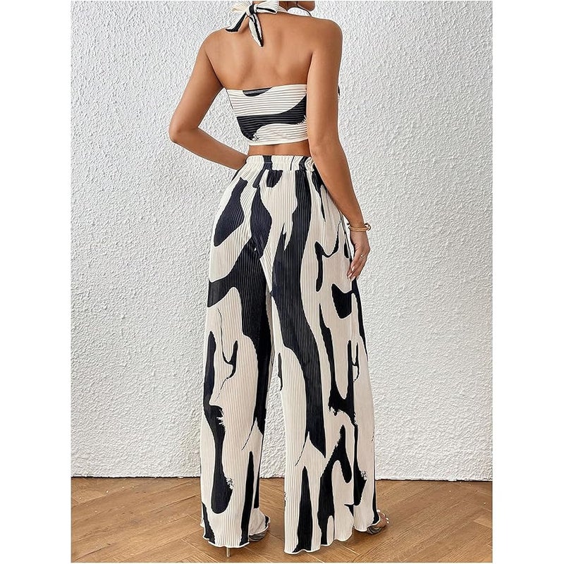أويوانجل OYOANGLE Women's 2 Piece Vacation Outfits Graphic Print Knitted Crop Halter Top and Wide Leg Pants Set - Image 2