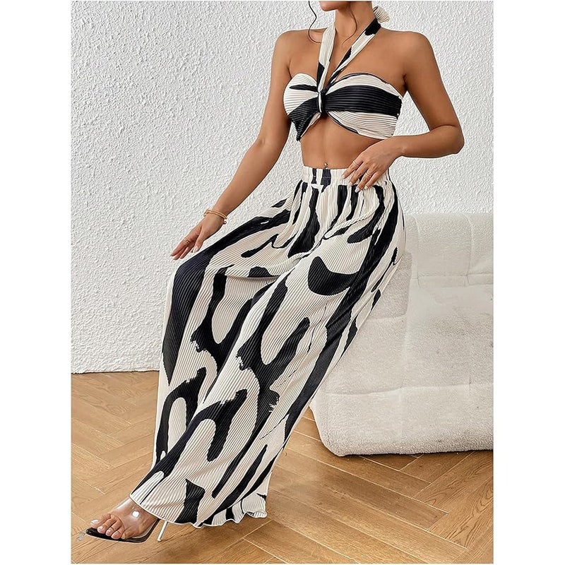أويوانجل OYOANGLE Women's 2 Piece Vacation Outfits Graphic Print Knitted Crop Halter Top and Wide Leg Pants Set - Image 5