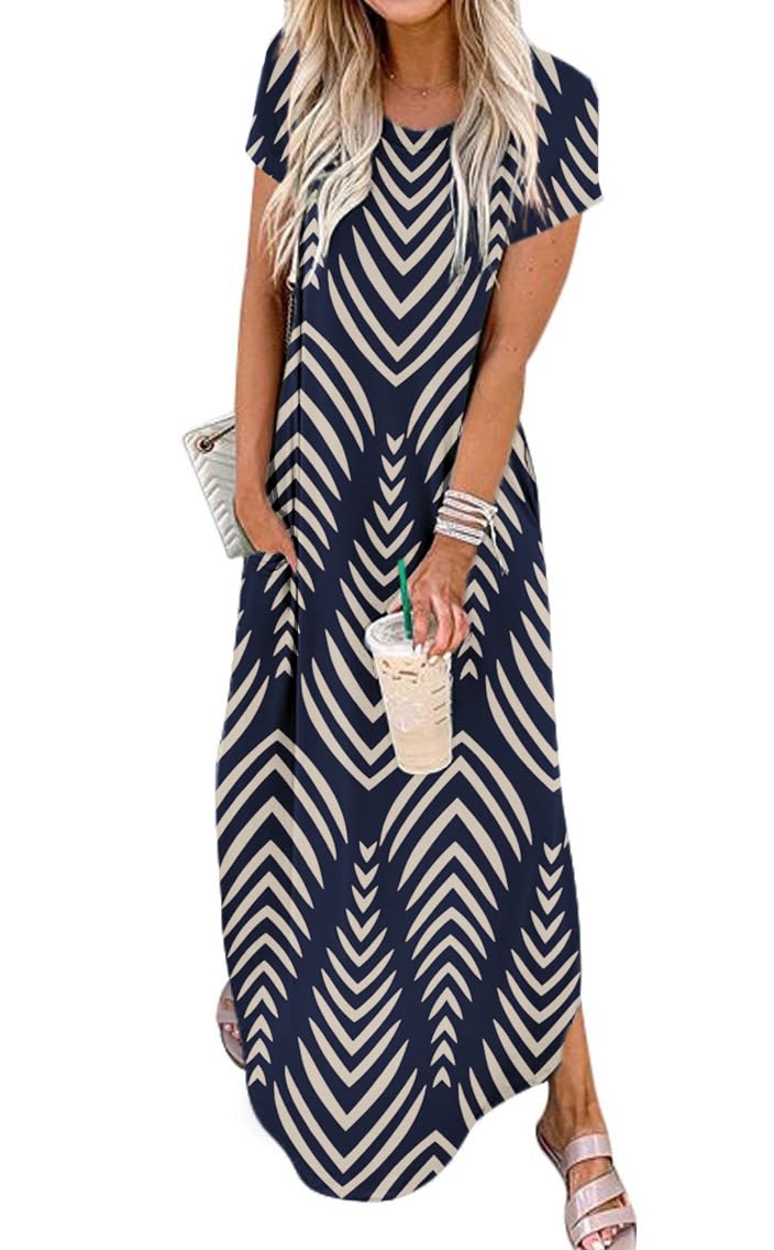 Jeqeocafy Women Summer Long Sundress Crewneck Short Sleeve Maxi Dress 2026 Casual Loose Striped Dress with Pockets - Image 1