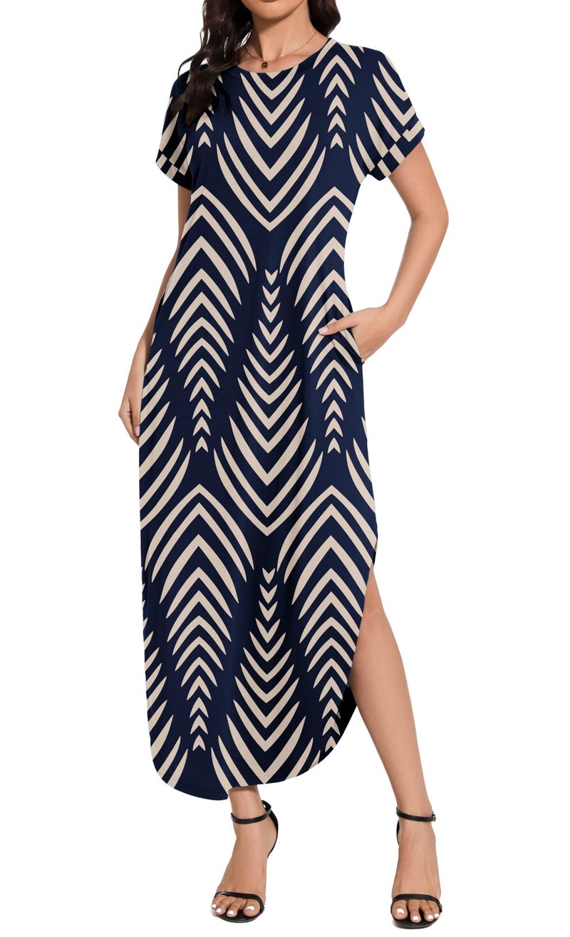 Jeqeocafy Women Summer Long Sundress Crewneck Short Sleeve Maxi Dress 2026 Casual Loose Striped Dress with Pockets - Image 2