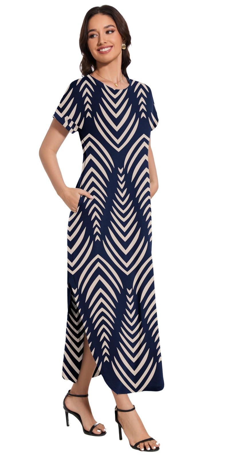 Jeqeocafy Women Summer Long Sundress Crewneck Short Sleeve Maxi Dress 2026 Casual Loose Striped Dress with Pockets - Image 4