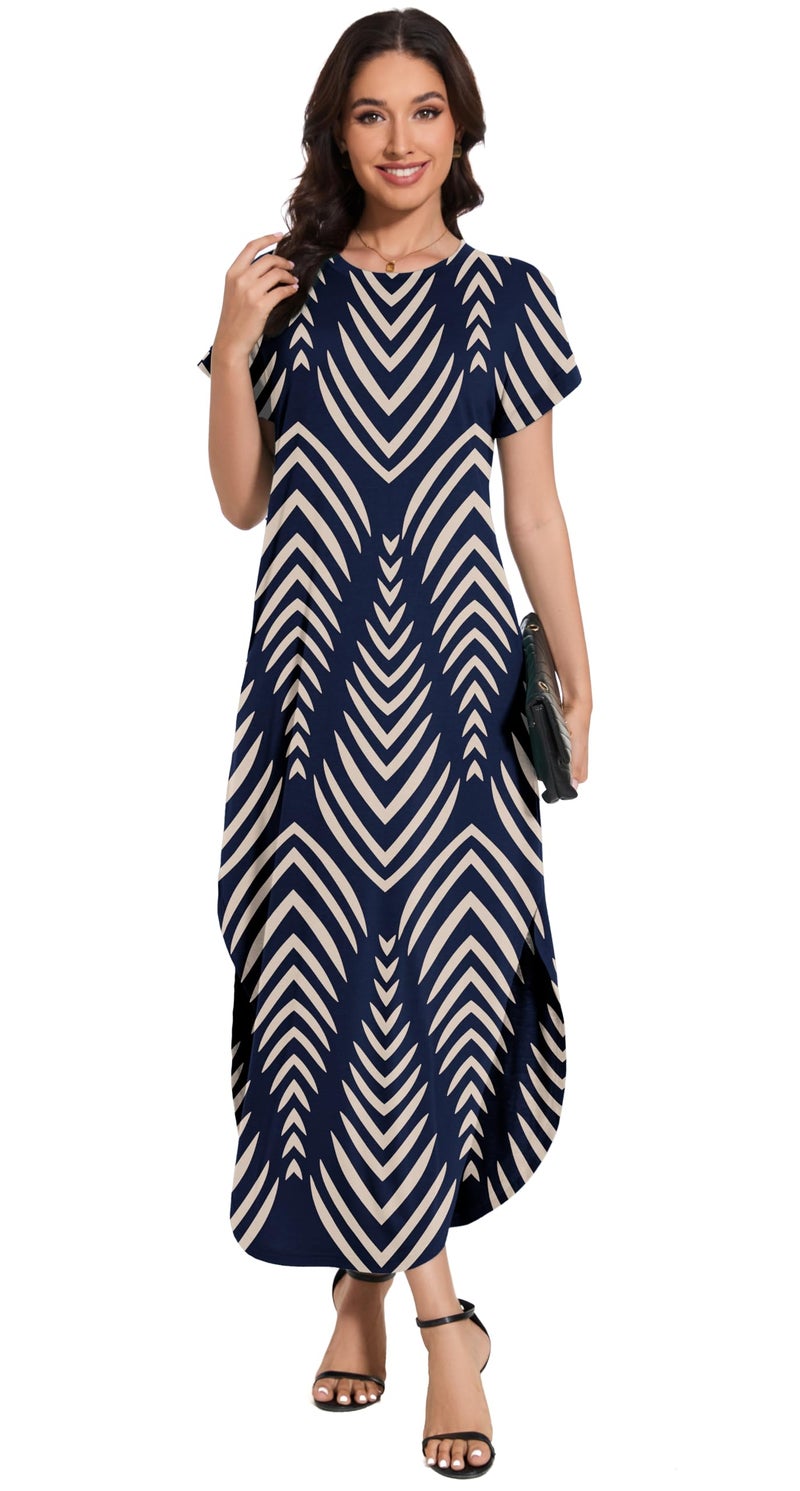 Jeqeocafy Women Summer Long Sundress Crewneck Short Sleeve Maxi Dress 2026 Casual Loose Striped Dress with Pockets - Image 3
