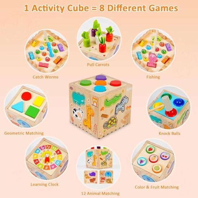 AM ANNA Montessori Toys for Kids, 8 in 1 Wooden Toy Kit with Animal Pairing, Fruit Color Sorting, Fishing, Knocking Ball Game, Fine Motor Skill Busy Activity Cube, Gift for Toddler Baby 1-3 Years Old - Image 3