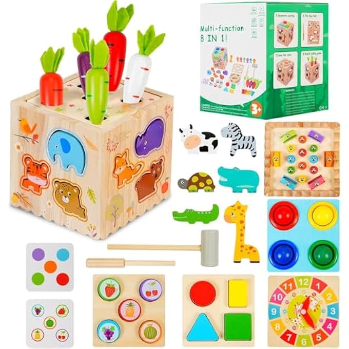 AM ANNA Montessori Toys for Kids, 8 in 1 Wooden Toy Kit with Animal Pairing, Fruit Color Sorting, Fishing, Knocking Ball Game, Fine Motor Skill Busy Activity Cube, Gift for Toddler Baby 1-3 Years Old - Image 1