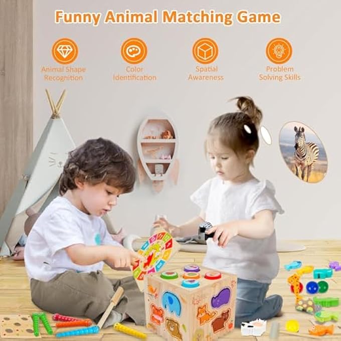 AM ANNA Montessori Toys for Kids, 8 in 1 Wooden Toy Kit with Animal Pairing, Fruit Color Sorting, Fishing, Knocking Ball Game, Fine Motor Skill Busy Activity Cube, Gift for Toddler Baby 1-3 Years Old - Image 4