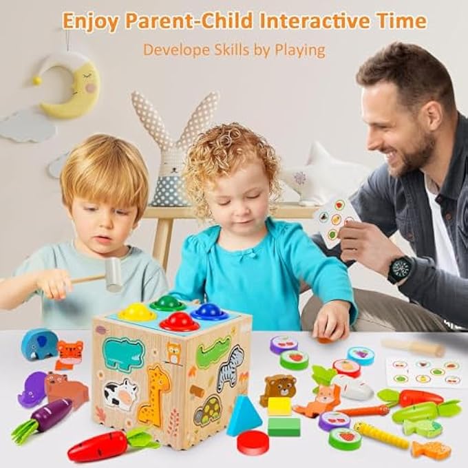 AM ANNA Montessori Toys for Kids, 8 in 1 Wooden Toy Kit with Animal Pairing, Fruit Color Sorting, Fishing, Knocking Ball Game, Fine Motor Skill Busy Activity Cube, Gift for Toddler Baby 1-3 Years Old - Image 2