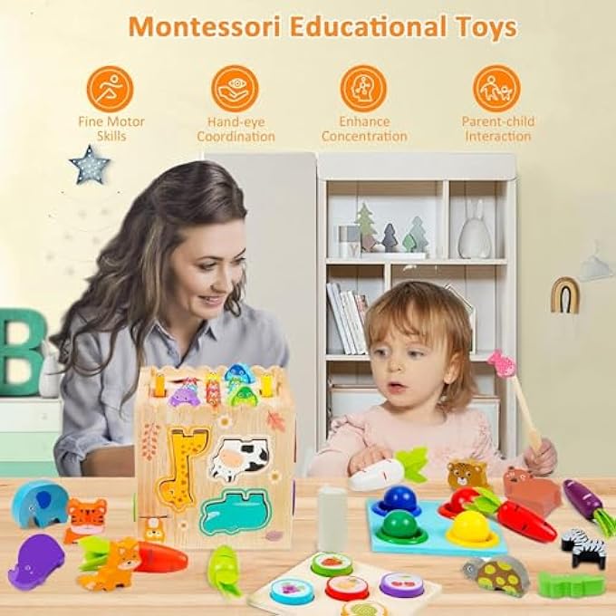 AM ANNA Montessori Toys for Kids, 8 in 1 Wooden Toy Kit with Animal Pairing, Fruit Color Sorting, Fishing, Knocking Ball Game, Fine Motor Skill Busy Activity Cube, Gift for Toddler Baby 1-3 Years Old - Image 5
