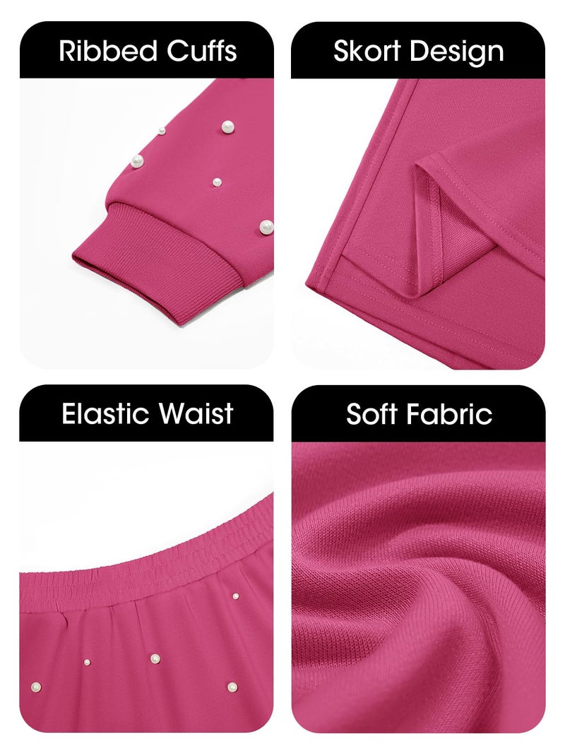 Fisoew Womens Lounge Sets 2 Piece Outfits Decor Pearl Long Sleeve Sweatshirt Skort Skirt Tracksuits Shorts Sets - Image 5