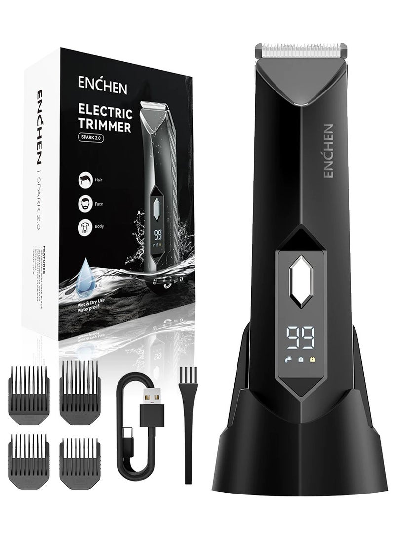 ENCHEN Spark 2 Body Hair Trimmer – Waterproof, Skin-Safe Ceramic , 80-90 Mins Runtime, Built-in LED Light, Travel Lock, Multi-Functional Display, Storage Base, 3 Length Guide Combs (3-12mm) – Black - Image 1