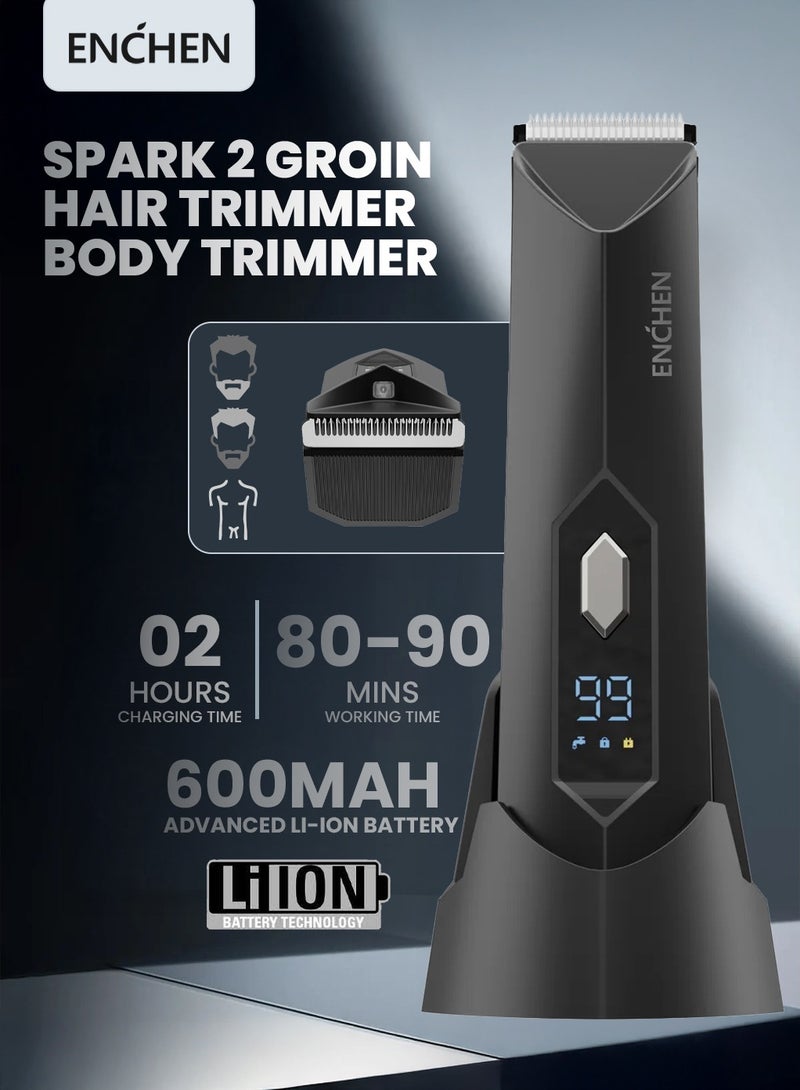 ENCHEN Spark 2 Body Hair Trimmer – Waterproof, Skin-Safe Ceramic , 80-90 Mins Runtime, Built-in LED Light, Travel Lock, Multi-Functional Display, Storage Base, 3 Length Guide Combs (3-12mm) – Black - Image 2