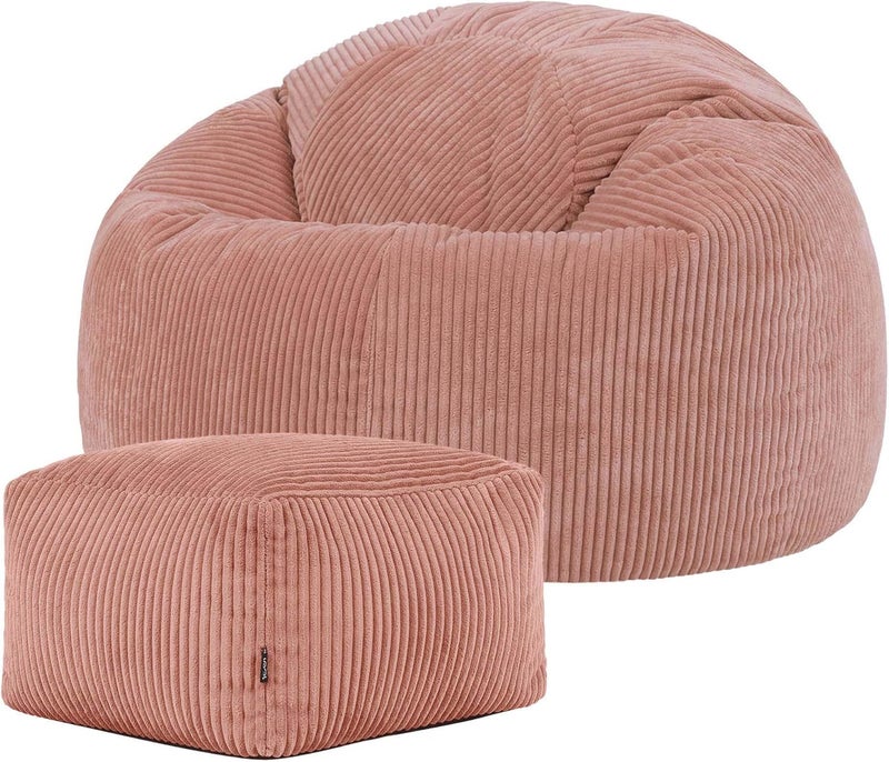 ICON Kingston Cord Bean Bag with Footstool, Dawn Pink, Large Adult Bean Bag Chair with Filling Included, Comfy Chair, Pouffe Footstool, Living Room Furniture, Bedroom Furniture - Image 1