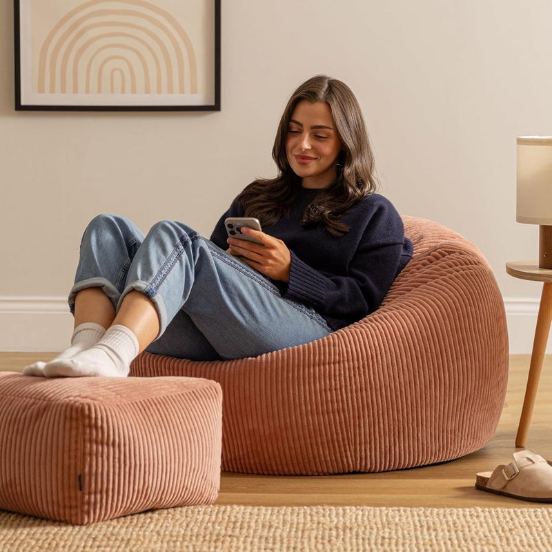 ICON Kingston Cord Bean Bag with Footstool, Dawn Pink, Large Adult Bean Bag Chair with Filling Included, Comfy Chair, Pouffe Footstool, Living Room Furniture, Bedroom Furniture - Image 2