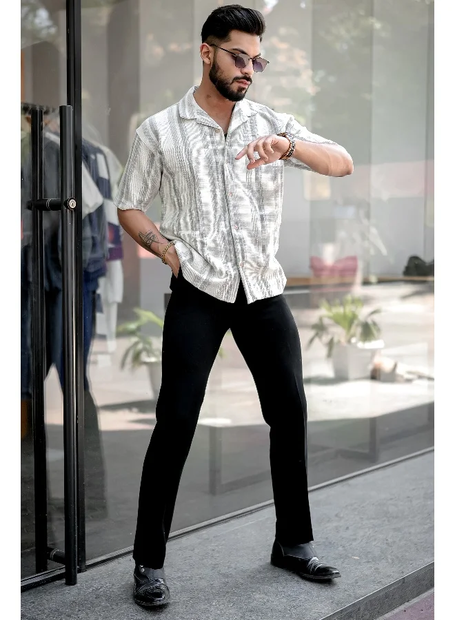 مانياك Mens Stripes 3/4th Sleeve 3/4th White Grey Shirt