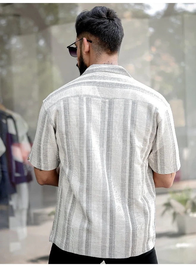 مانياك Mens Stripes 3/4th Sleeve 3/4th White Grey Shirt