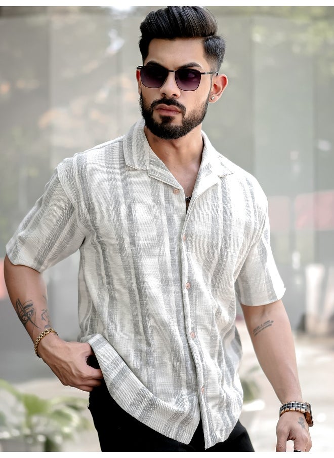 Maniac Mens Stripes 3/4th Sleeve 3/4th White Grey Shirt  - Image 5