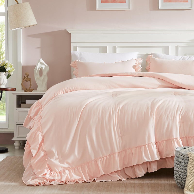 Cupocupa Pink Ruffle King Size Comforter Set, Shabby Chic Boho Bedding Comforter Sets, Fluffy Cozy Bedding Comforters & Sets for All Season, 3PCS Lightweight Farmhouse Rustic Bedding Sets - Image 3