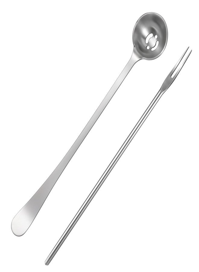 Bruislard 2 Pack Olive Spoon and Pickle Fork Stainless Steel Long Handle Food Picker for Pickle Olive Spoons with Drain Holes Jars Serving Spoon and Fork Set for Olives Pickles Onion Cucumber - Image 1