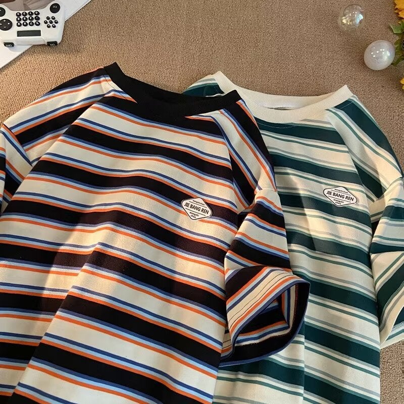 Japanese Striped Short-Sleeved T-Shirt Men'S And Women'S Summer Fashion Brand Loose T-Shirt Color-Matching Pure Cotton Couples Top - Image 4