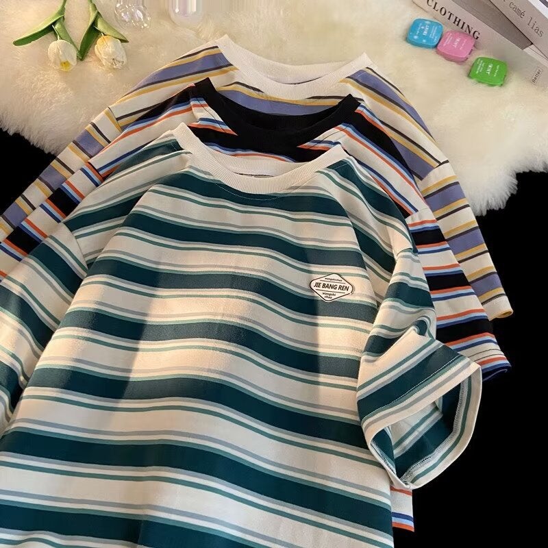 Japanese Striped Short-Sleeved T-Shirt Men'S And Women'S Summer Fashion Brand Loose T-Shirt Color-Matching Pure Cotton Couples Top - Image 5