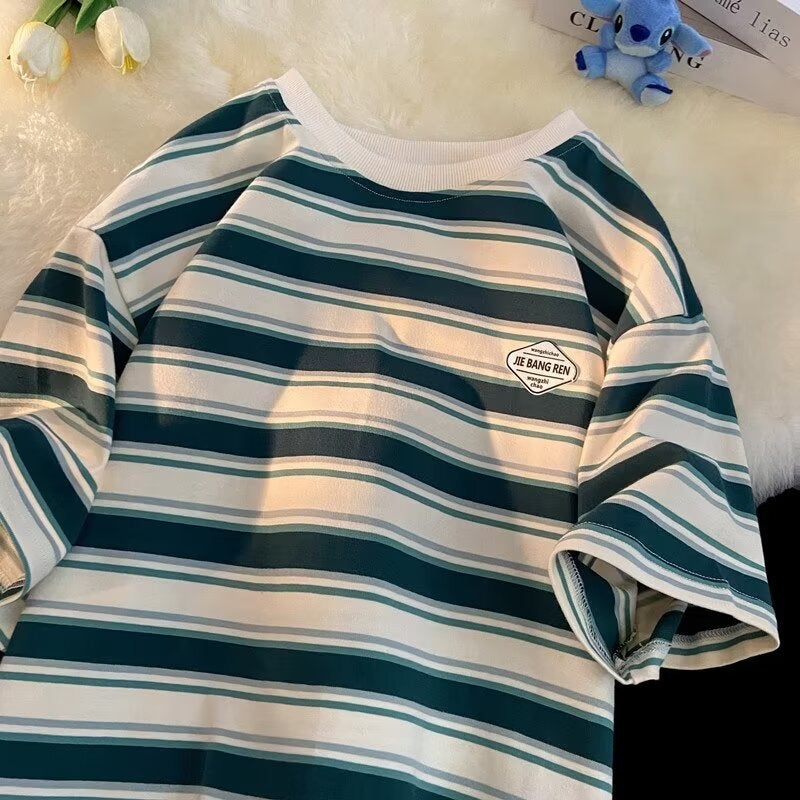 Japanese Striped Short-Sleeved T-Shirt Men'S And Women'S Summer Fashion Brand Loose T-Shirt Color-Matching Pure Cotton Couples Top - Image 2