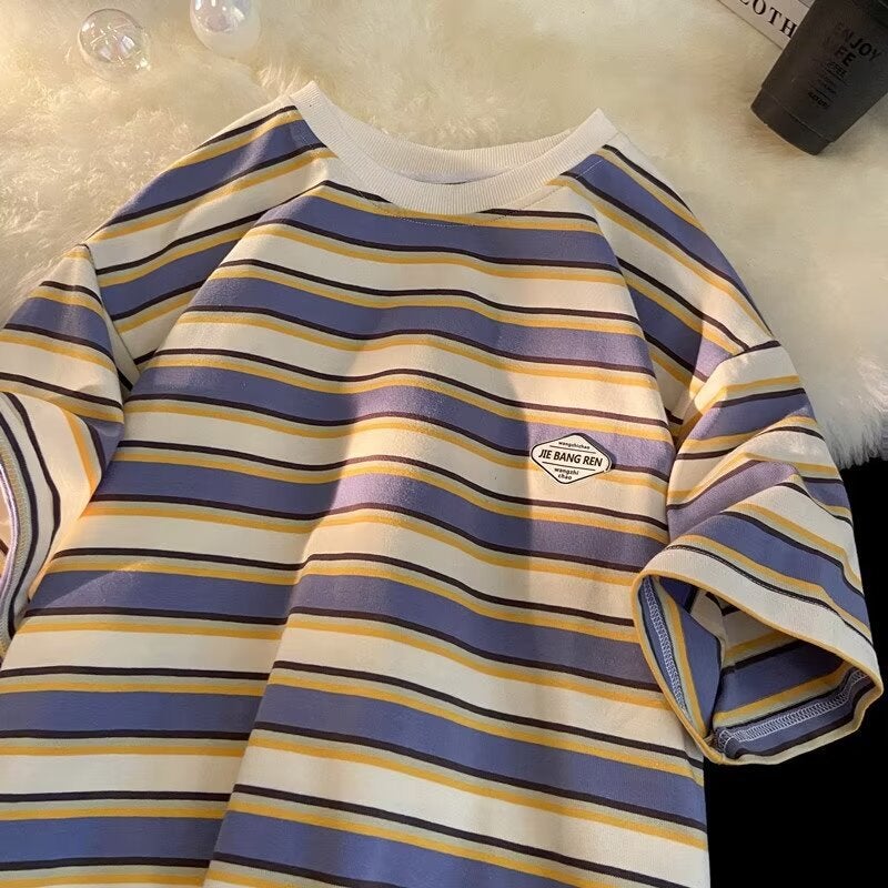 Japanese Striped Short-Sleeved T-Shirt Men'S And Women'S Summer Fashion Brand Loose T-Shirt Color-Matching Pure Cotton Couples Top - Image 1