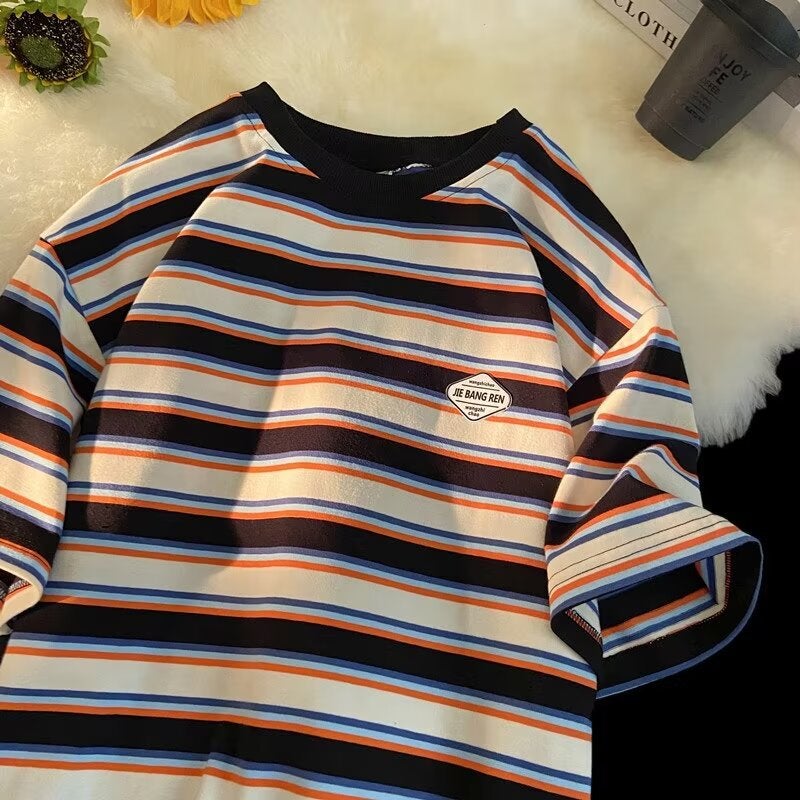 Japanese Striped Short-Sleeved T-Shirt Men'S And Women'S Summer Fashion Brand Loose T-Shirt Color-Matching Pure Cotton Couples Top - Image 3