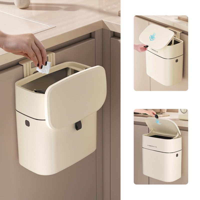 Hanging Trash Can: 1 White Small Waste Bin With Lid - Compact Kitchen Compost Bin for Home Kitchen Countertop Or Under Sink Use - Image 1