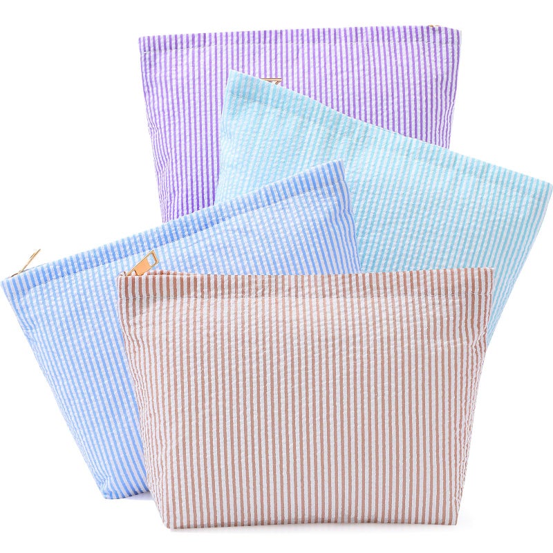 Sanwuta 4 Pcs Seersucker Makeup Bag for Women Stripe Cosmetic Bag Travel Toiletry Organizer Preppy Storage Pouch Valentines Galentines Gifts for Wedding Bridesmaid Mom(Blue, Khaki, Purple, Lake Blue) - Image 1