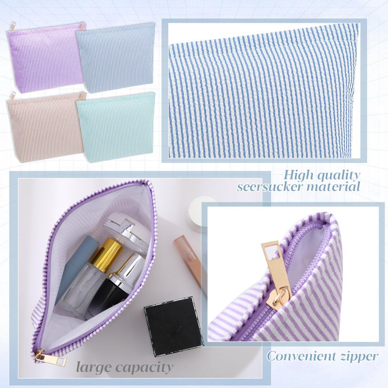Sanwuta 4 Pcs Seersucker Makeup Bag for Women Stripe Cosmetic Bag Travel Toiletry Organizer Preppy Storage Pouch Valentines Galentines Gifts for Wedding Bridesmaid Mom(Blue, Khaki, Purple, Lake Blue) - Image 3