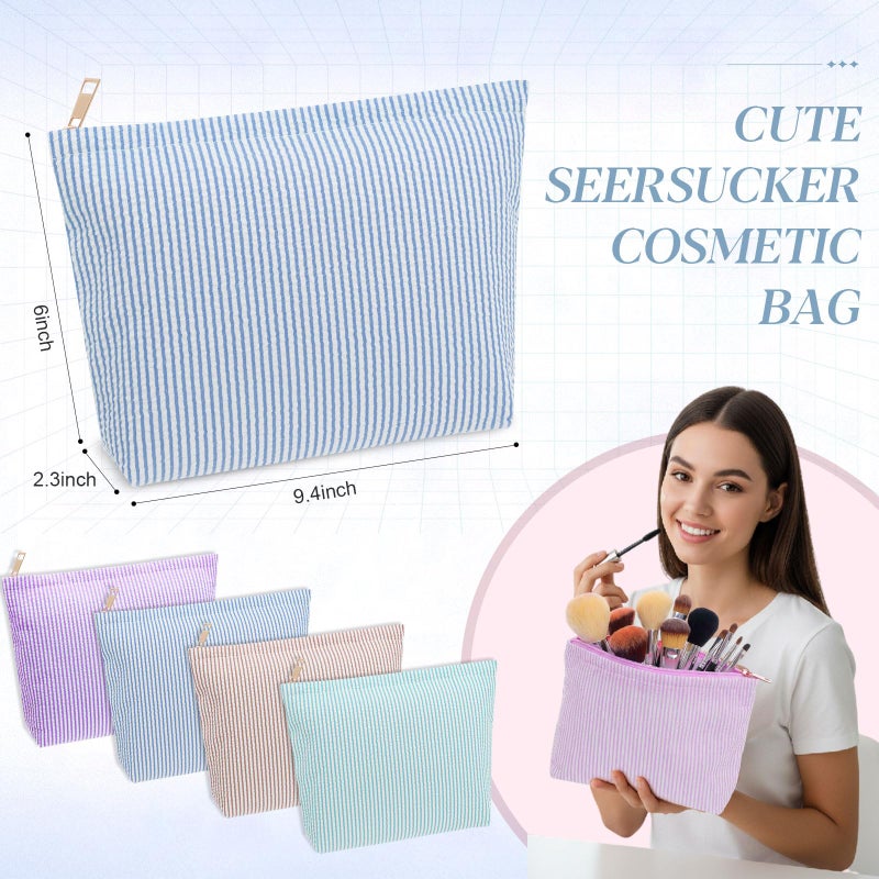 Sanwuta 4 Pcs Seersucker Makeup Bag for Women Stripe Cosmetic Bag Travel Toiletry Organizer Preppy Storage Pouch Valentines Galentines Gifts for Wedding Bridesmaid Mom(Blue, Khaki, Purple, Lake Blue) - Image 2