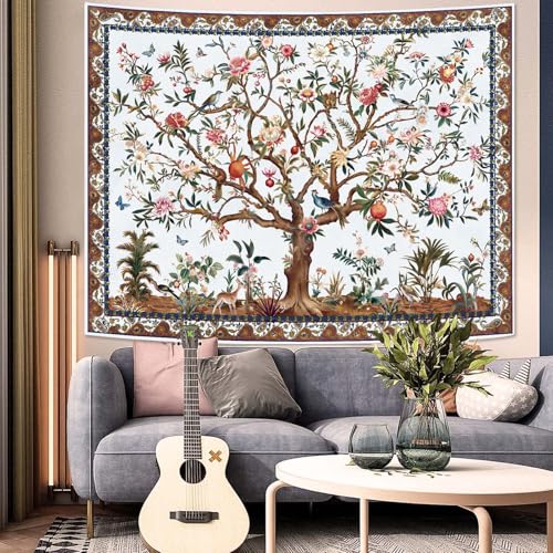Faxdong Boho Tree of LIfe Tapestry, Vintage Flower Leaves Birds Plant Animal Pattern Tapestries, Retro Indian Bohemian Aesthetic Wall Hanging White 44×60 inch - Image 3