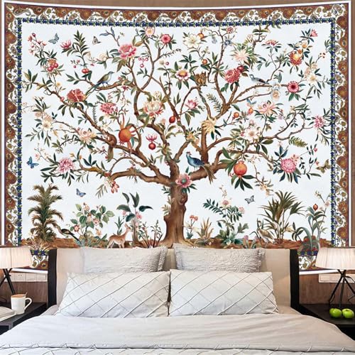 Faxdong Boho Tree of LIfe Tapestry, Vintage Flower Leaves Birds Plant Animal Pattern Tapestries, Retro Indian Bohemian Aesthetic Wall Hanging White 44×60 inch - Image 4