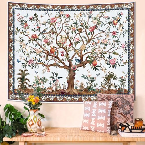 Faxdong Boho Tree of LIfe Tapestry, Vintage Flower Leaves Birds Plant Animal Pattern Tapestries, Retro Indian Bohemian Aesthetic Wall Hanging White 44×60 inch - Image 2