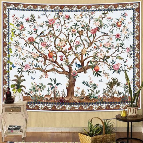 Faxdong Boho Tree of LIfe Tapestry, Vintage Flower Leaves Birds Plant Animal Pattern Tapestries, Retro Indian Bohemian Aesthetic Wall Hanging White 44×60 inch - Image 1