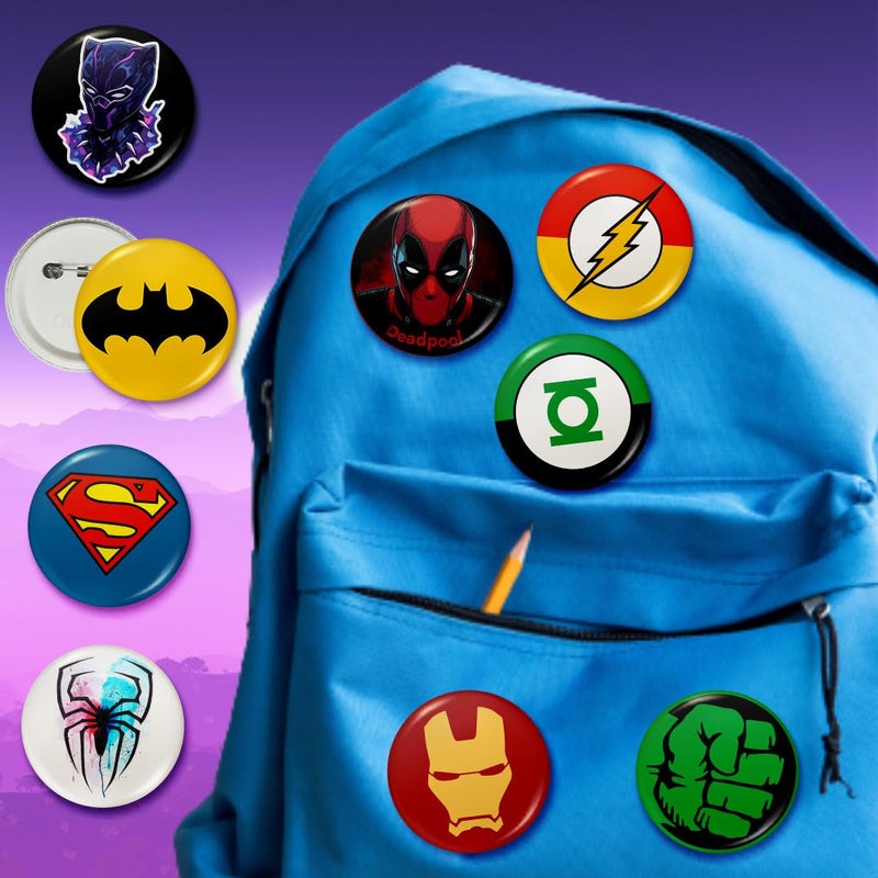 Visibee Superhero Pin Badges Set of 9 – 58mm Round Button Badges for Bags & Kids | Collectible Bag Pins with Glossy Finish & Safety Pin Back - Image 4