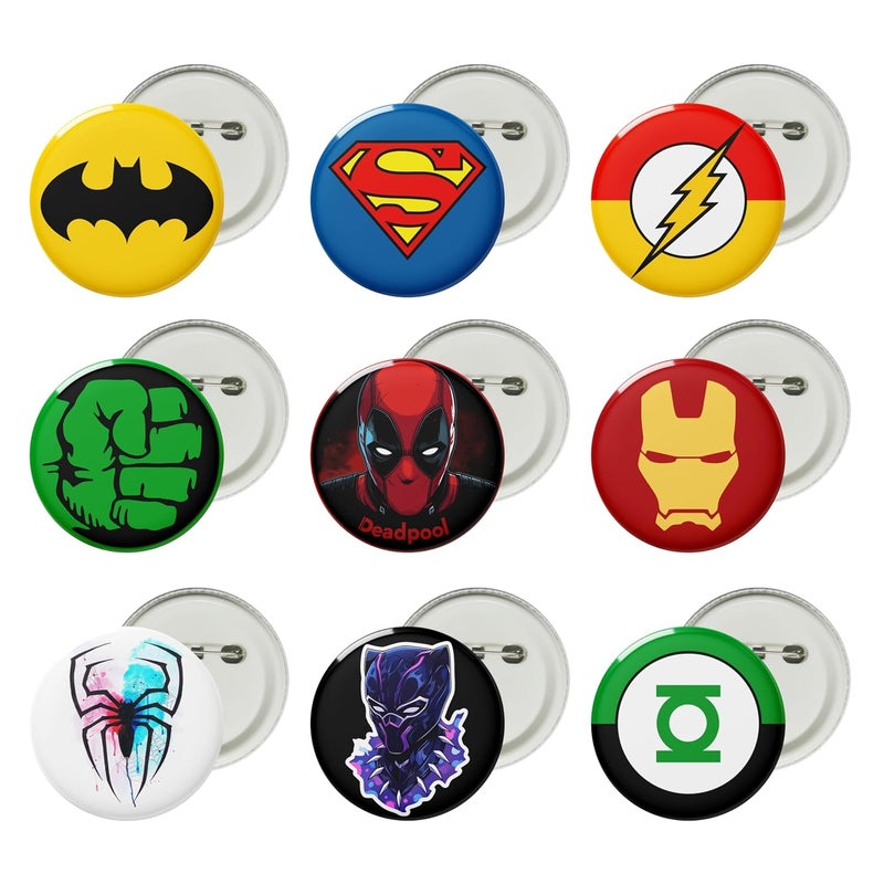 Visibee Superhero Pin Badges Set of 9 – 58mm Round Button Badges for Bags & Kids | Collectible Bag Pins with Glossy Finish & Safety Pin Back - Image 2