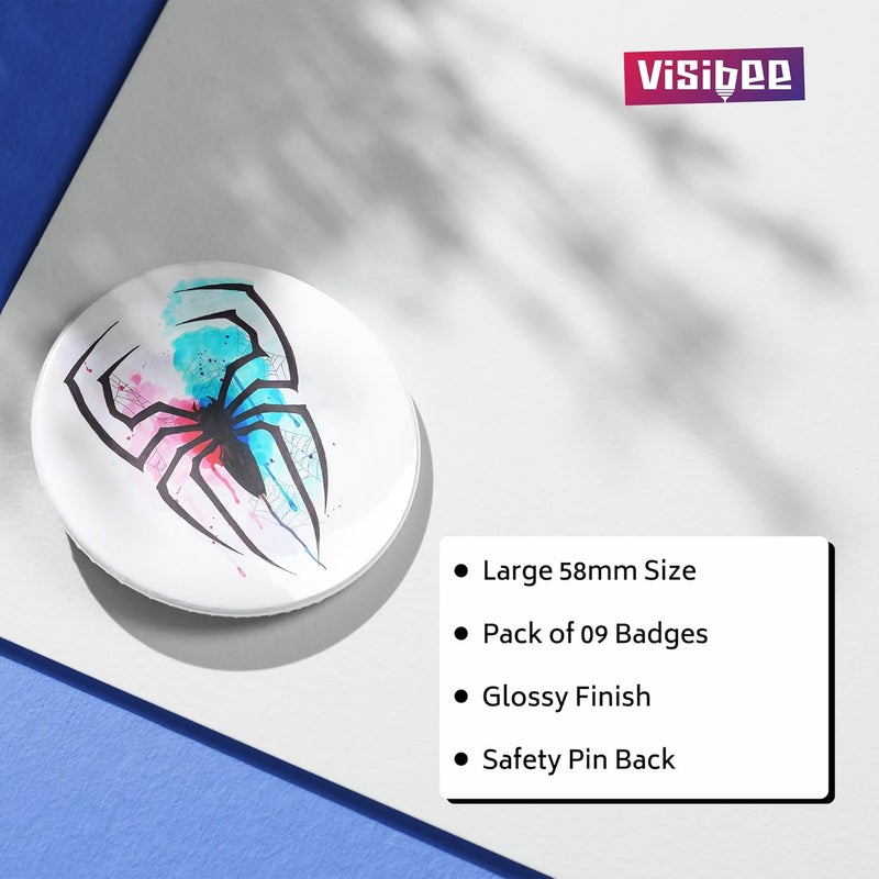 Visibee Superhero Pin Badges Set of 9 – 58mm Round Button Badges for Bags & Kids | Collectible Bag Pins with Glossy Finish & Safety Pin Back - Image 3