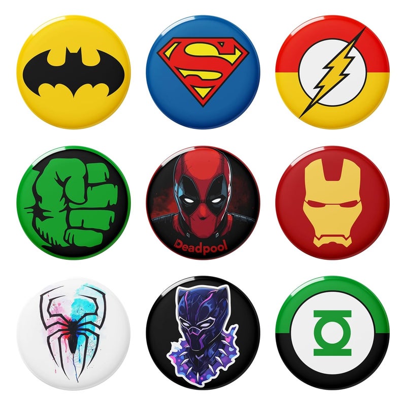 Visibee Superhero Pin Badges Set of 9 – 58mm Round Button Badges for Bags & Kids | Collectible Bag Pins with Glossy Finish & Safety Pin Back - Image 1