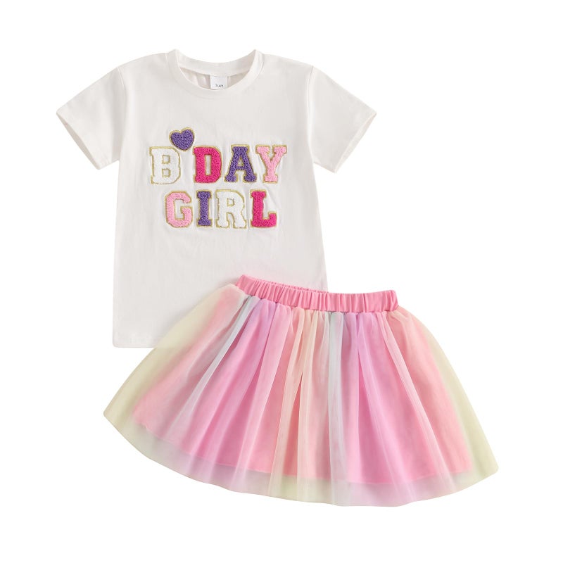 JLKGICF Toddler Baby Girl Birthday Outfit Letter Embroidery Long/Short Sleeve Sweatshirt Tutu Dress Skirts Birthday Gift - Image 1
