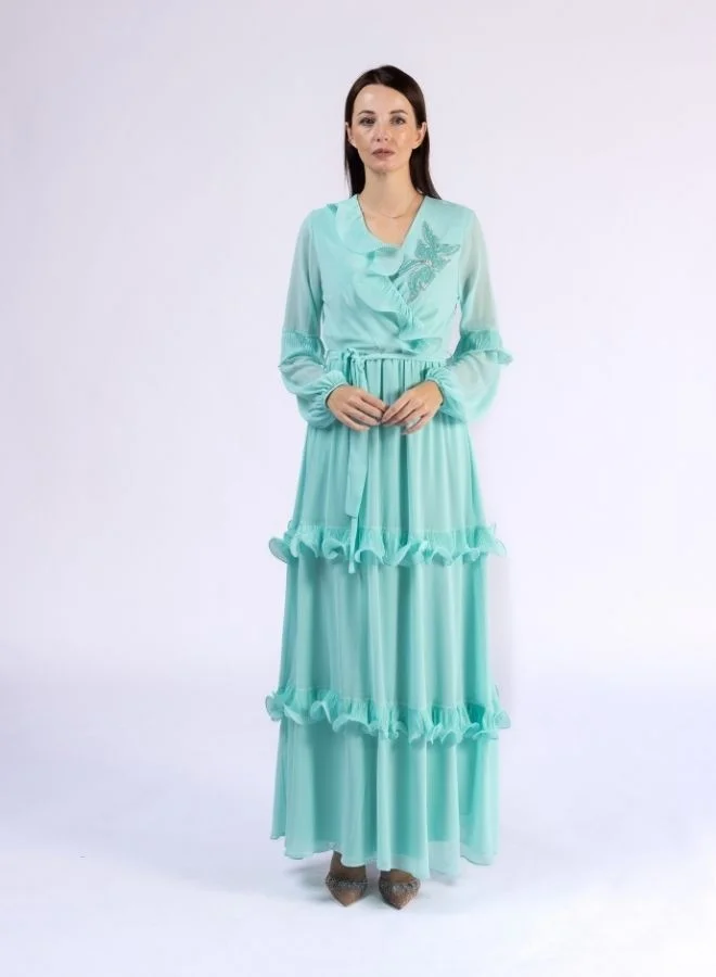 Fashonara Ruffled Tiffany Blue Modest Dress with Crystal Flower Detail
