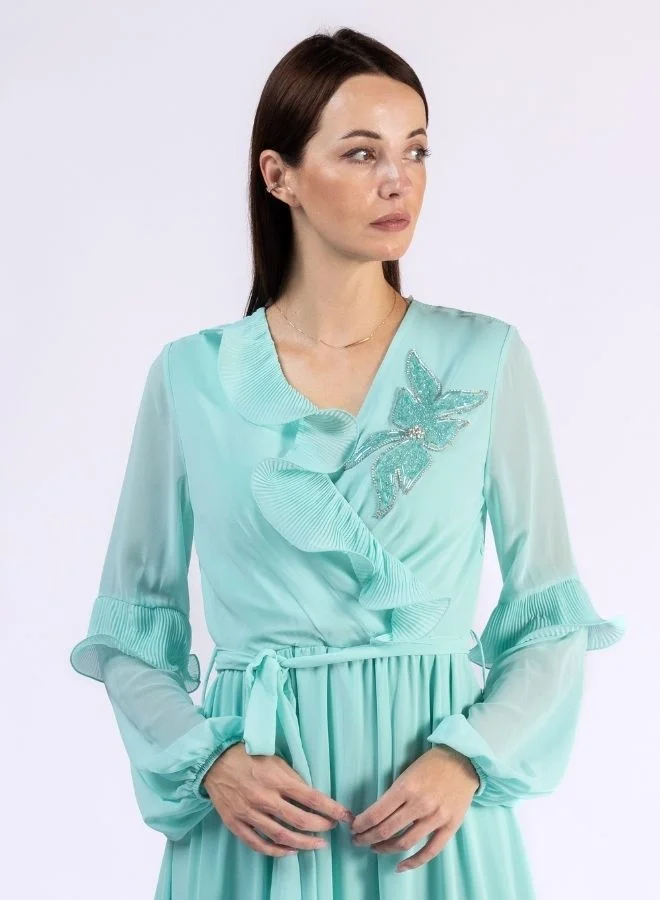 Fashonara Ruffled Tiffany Blue Modest Dress with Crystal Flower Detail