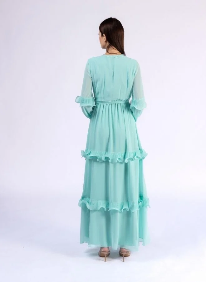 Fashonara Ruffled Tiffany Blue Modest Dress with Crystal Flower Detail