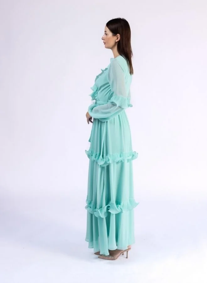 Fashonara Ruffled Tiffany Blue Modest Dress with Crystal Flower Detail
