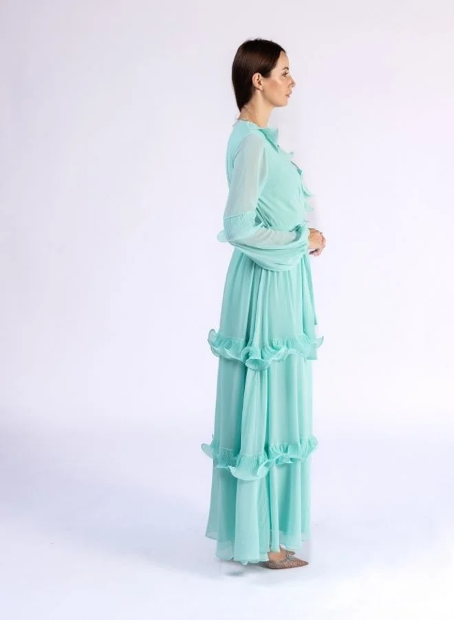 Fashonara Ruffled Tiffany Blue Modest Dress with Crystal Flower Detail